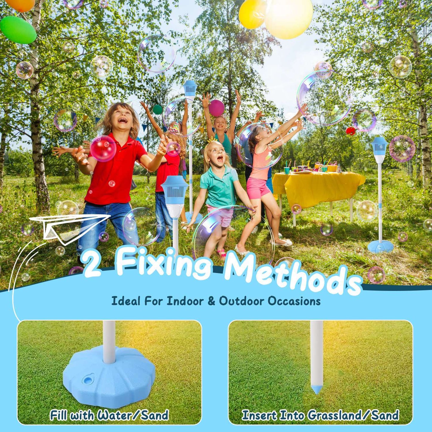 2-Pack 3-in-1 Bubble Machines | Standing Bubble Maker with Colorful Lights, Music & Adjustable Height for Parties, Weddings & Kids’ Fun