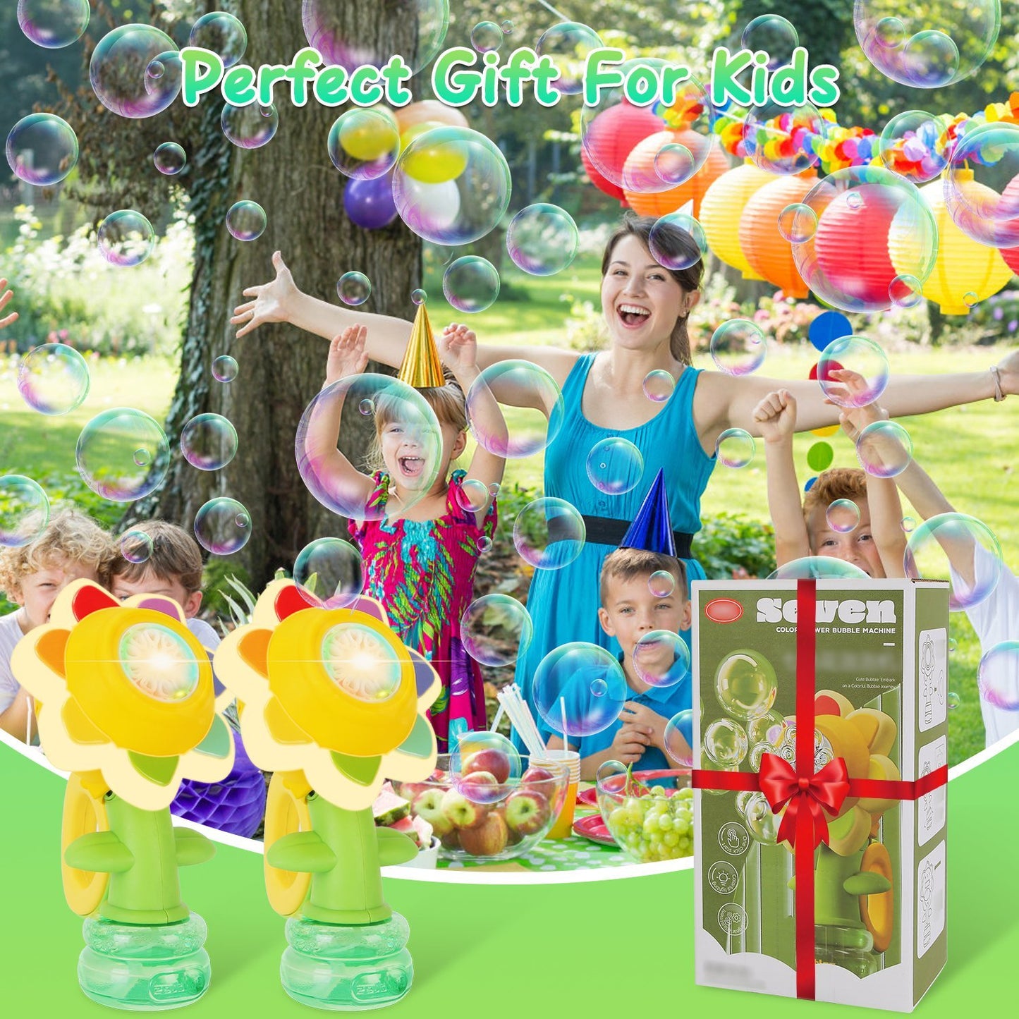 Kids Dancing Sunflower Bubble Machines | Rechargeable 2-Pack Bubble Maker with Lights, Fun Outdoor Summer Toy for Toddlers