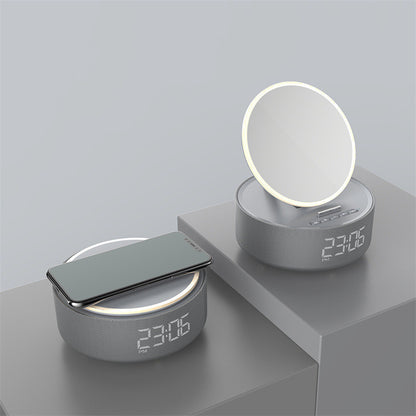 3-in-1 Smart Mirror Clock | Wireless Charger + Bluetooth Speaker + LED Night Light