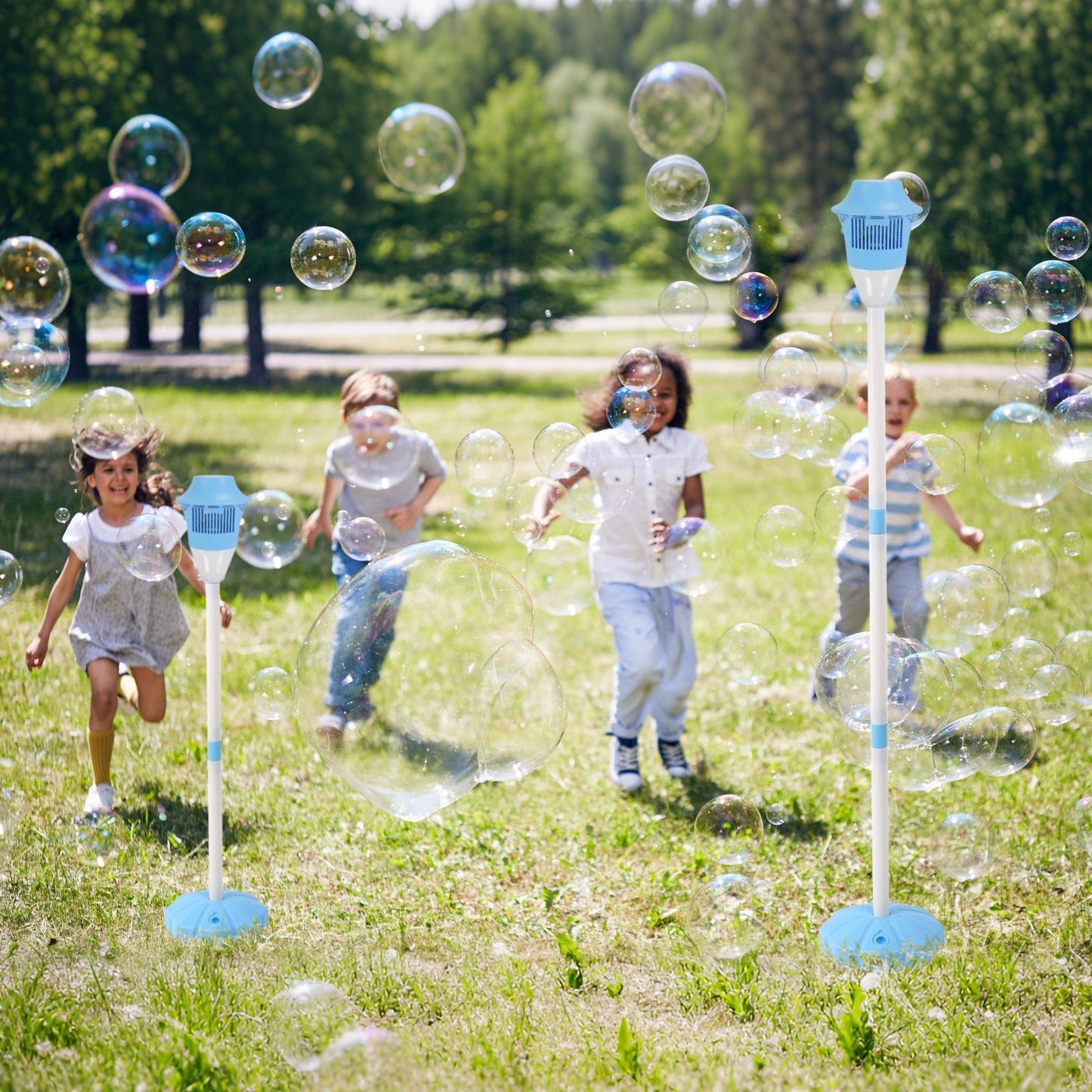 2-Pack 3-in-1 Bubble Machines | Standing Bubble Maker with Colorful Lights, Music & Adjustable Height for Parties, Weddings & Kids’ Fun