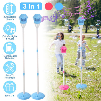 2-Pack 3-in-1 Bubble Machines | Standing Bubble Maker with Colorful Lights, Music & Adjustable Height for Parties, Weddings & Kids’ Fun