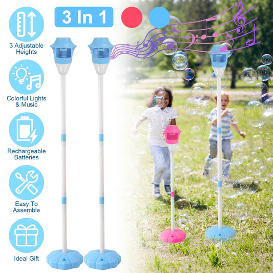 2-Pack 3-in-1 Bubble Machines | Standing Bubble Maker with Colorful Lights, Music & Adjustable Height for Parties, Weddings & Kids’ Fun